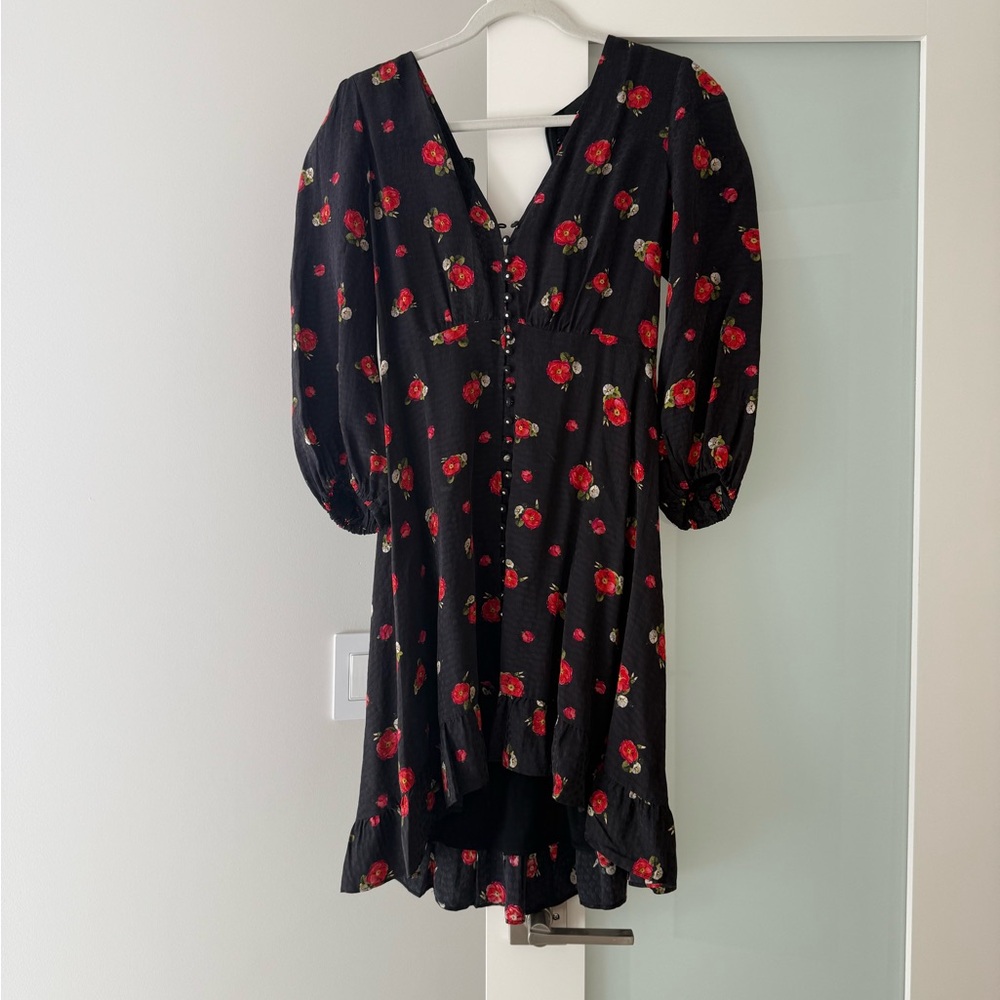 The Kooples Short printed dress with buttoned front black w/red flowers, size 2 - Picture 3 of 6